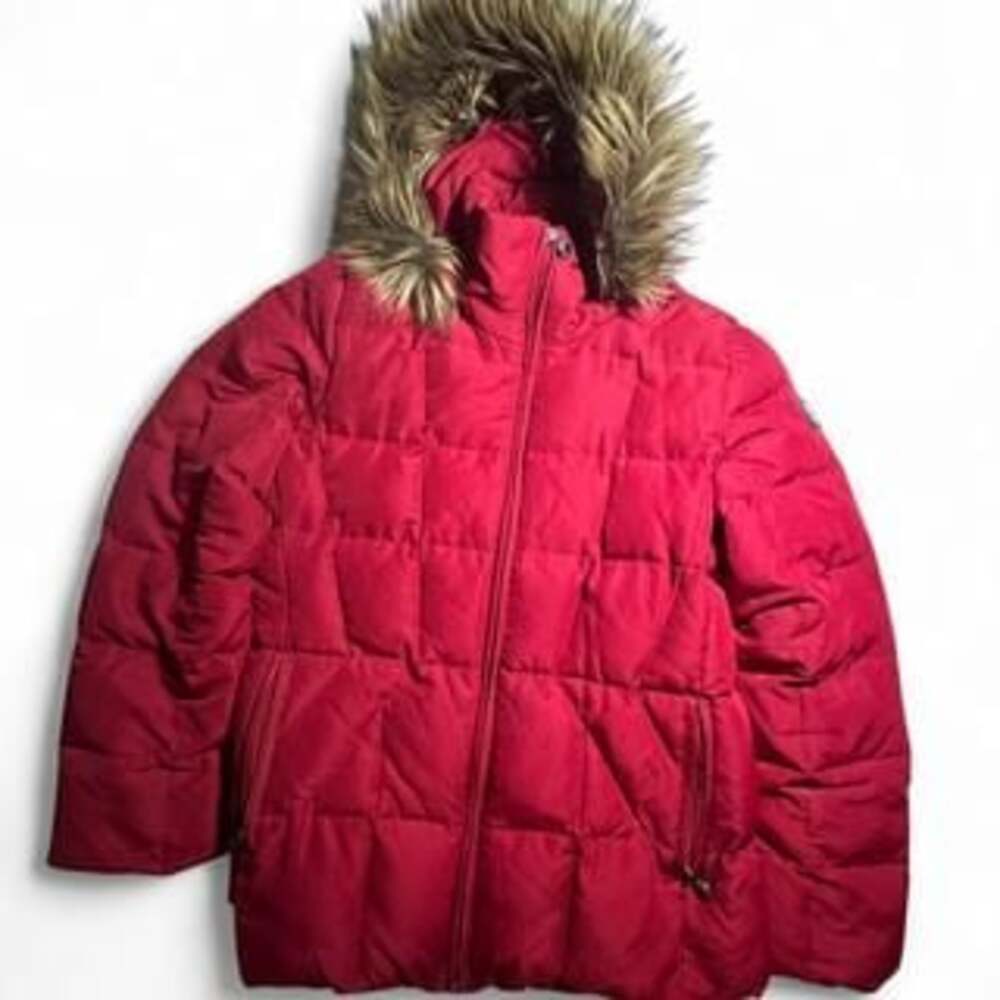 Calvin Klein Red Puffer Jacket with Faux Fur Hood - Women's Warm Winter Coat